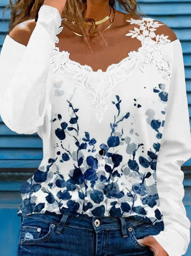Casual Floral Autumn V neck Daily Jersey Regular H-Line Regular Size T-shirt for Women
