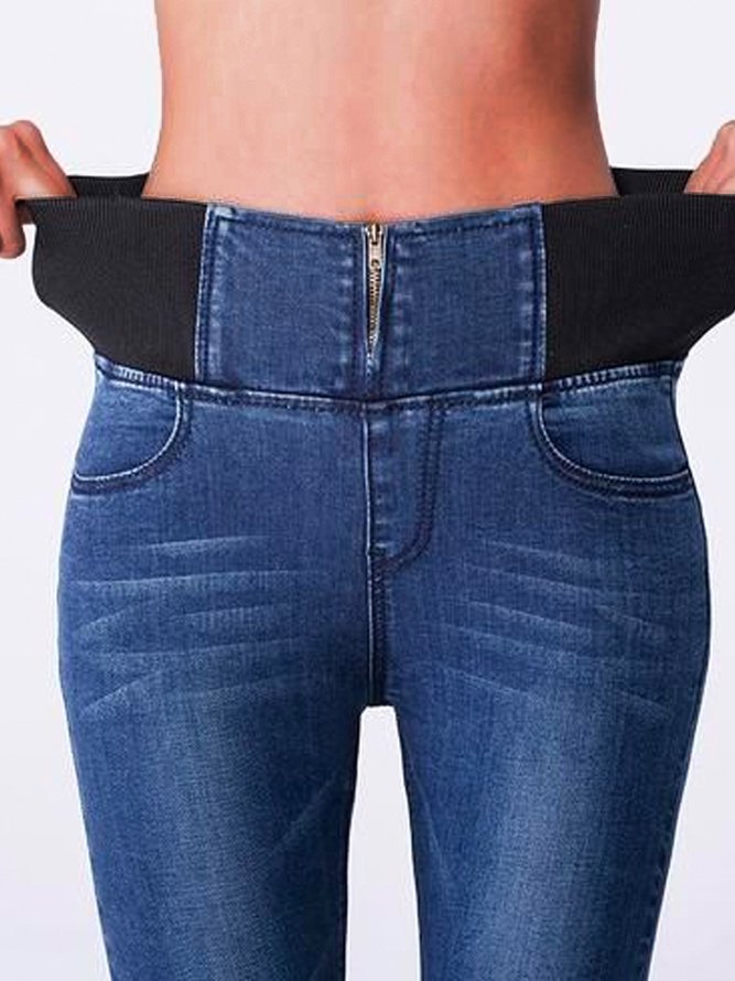 Casual Plain Autumn Daily Tight Standard Denim H-Line Regular Size Jeans for Women