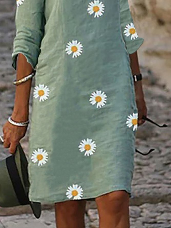 Casual Autumn Daisy V neck Natural Lightweight Daily Loose A-Line Dress for Women