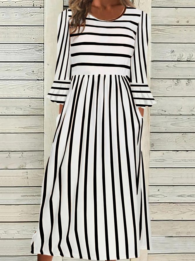 Women Striped Casual Autumn No Elasticity Daily Loose Standard A-Line Regular Size Dress