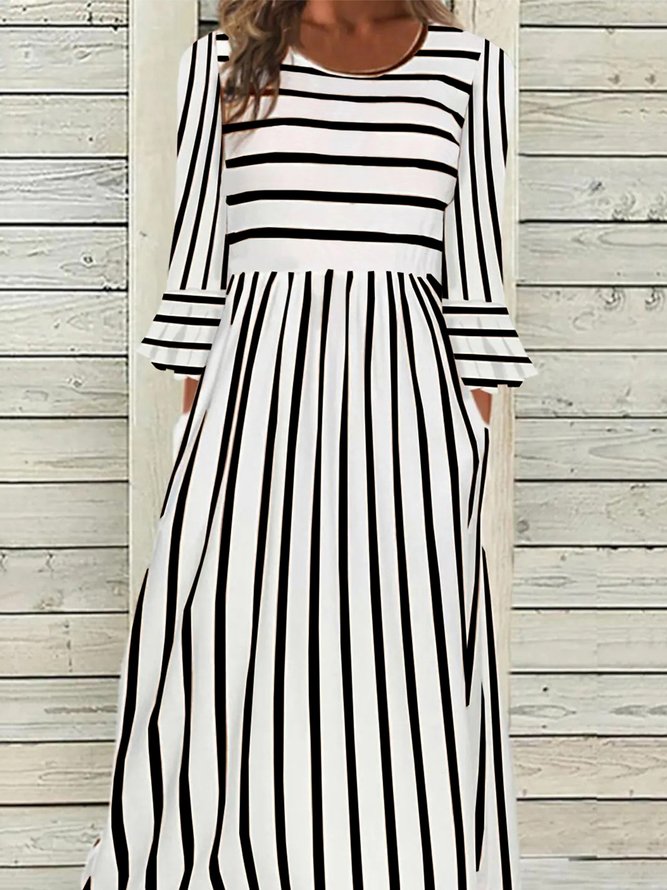 Women Striped Casual Autumn No Elasticity Daily Loose Standard A-Line Regular Size Dresses