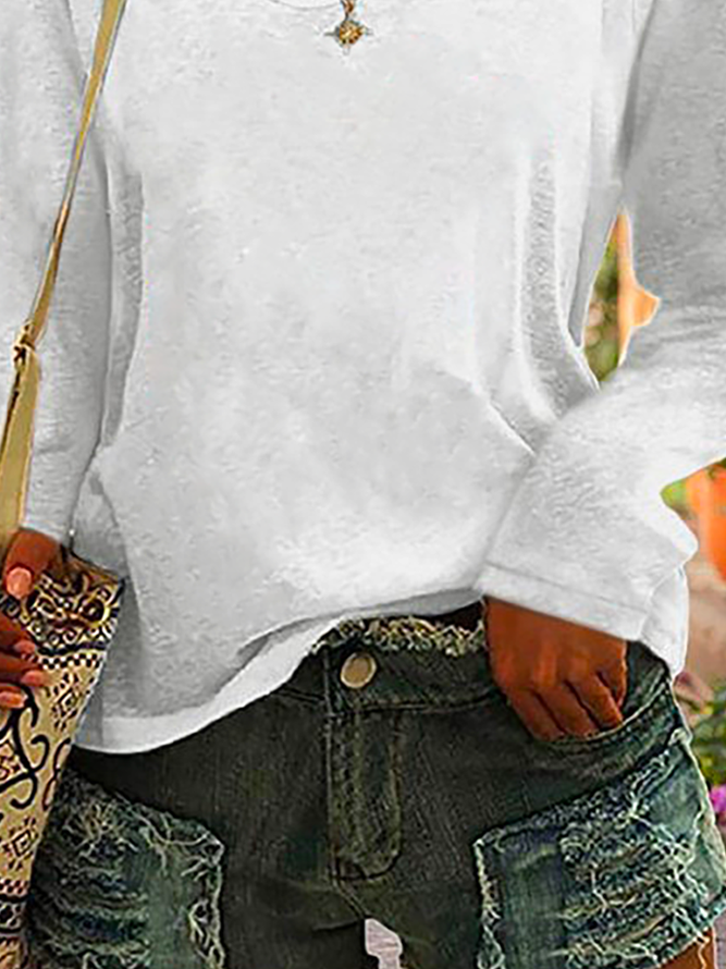 Women Casual Plain Autumn V neck Micro-Elasticity Loose Jersey Regular Regular T-shirt