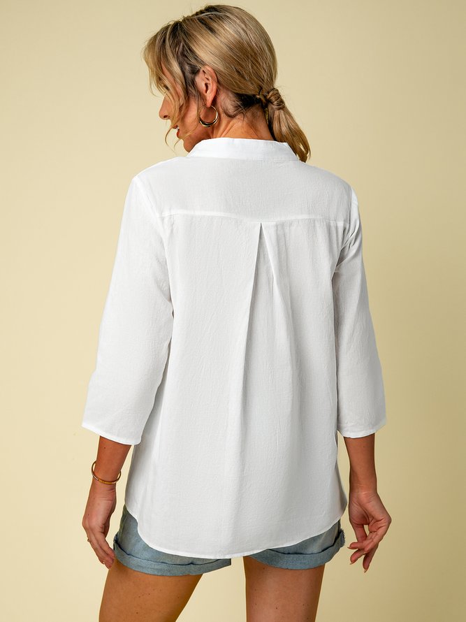 Cotton Blends Half Sleeve Stand Collar Vacation Top