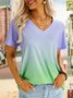 Casual V Neck Ombre Short Sleeve T-Shirt