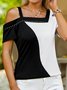 Color Block Summer Casual Daily Rivet Jersey Fit H-Line Regular T-shirt for Women