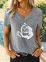 Floral Printed Casual V Neck Cotton Blends Loosen Short Sleeve T-shirt