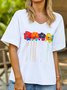 Women Floral Summer Casual V neck Lightweight Short sleeve Loose Cotton H-Line Top