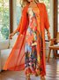 3/4 Sleeves Art Printing Crew Neck Casual Two Piece Dress With Coat