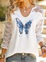 Butterfly Long Sleeve Casual V Neck Top