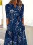Women Casual Floral Autumn V neck Natural Micro-Elasticity Daily Loose Half sleeve Dress