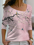 Casual Floral Autumn Lightweight Micro-Elasticity Jersey Long sleeve Regular H-Line T-shirt for Women