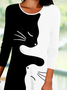 Casual Autumn Cat Loose Long sleeve Crew Neck A-Line Regular Regular Size Dresses for Women