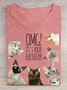 Funny Cat With Text Letters Printed Casual Crew Neck T-Shirt