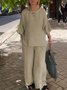 Crew Neck Cotton And Linen Plain Casual Two-Piece Set