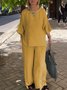 Crew Neck Cotton And Linen Plain Casual Two-Piece Set