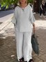Crew Neck Cotton And Linen Plain Casual Two-Piece Set