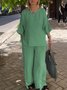 Crew Neck Cotton And Linen Plain Casual Two-Piece Set