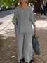 Crew Neck Cotton And Linen Plain Casual Two-Piece Set
