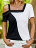 Color Block Summer Casual Daily Rivet Jersey Fit H-Line Regular T-shirt for Women