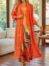 3/4 Sleeves Art Printing Crew Neck Casual Two Piece Dress With Coat