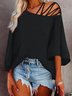 Women Casual Plain Summer Micro-Elasticity Loose Jersey Cold Shoulder Regular Regular Top