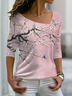 Casual Floral Autumn Lightweight Micro-Elasticity Jersey Long sleeve Regular H-Line T-shirt for Women