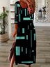 Women Geometric Casual Autumn V neck Micro-Elasticity Loose Three Quarter H-Line Regular Size Dress