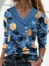 Geometric Casual Autumn V neck Micro-Elasticity Jersey Long sleeve Regular Regular Size Top for Women